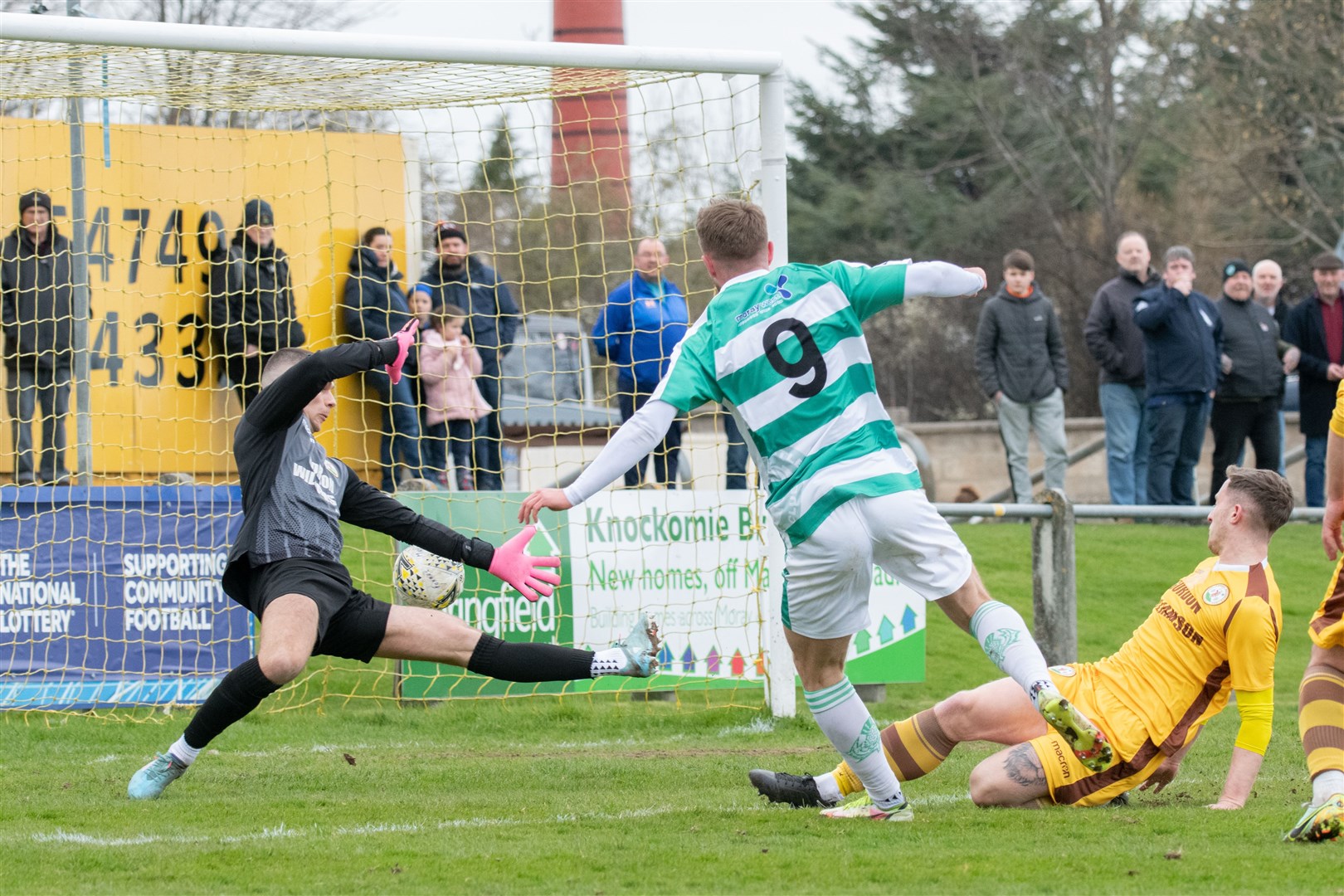 Buckie Thistle's #9 Josh Peters opens the scoring for the travelling Jags...Forres Mechanics FC (2) vs Buckie Thistle FC (3) - Highland Football League 22/23 - Mosset Park, Forres 01/04/23...Picture: Daniel Forsyth..