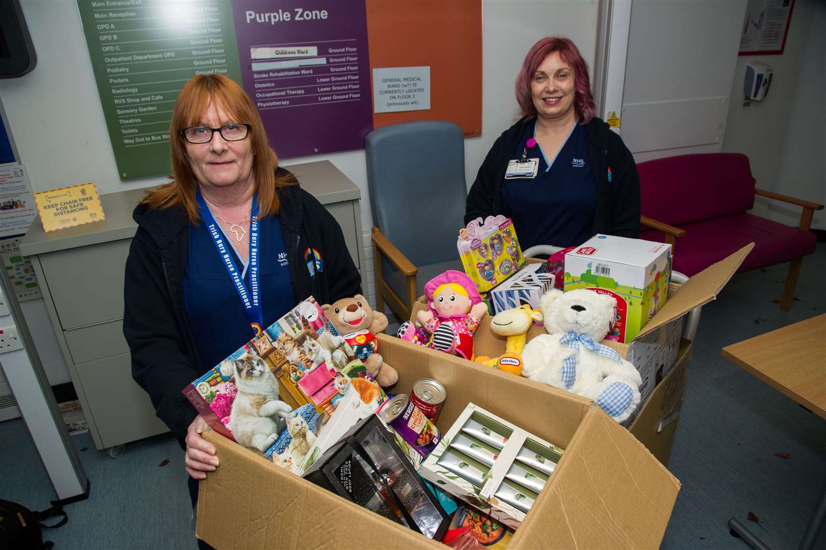 Trish Bury and Karin Howard from Dr Gray's hospital with donations of toys and food to appeal. Picture: Becky Saunderson