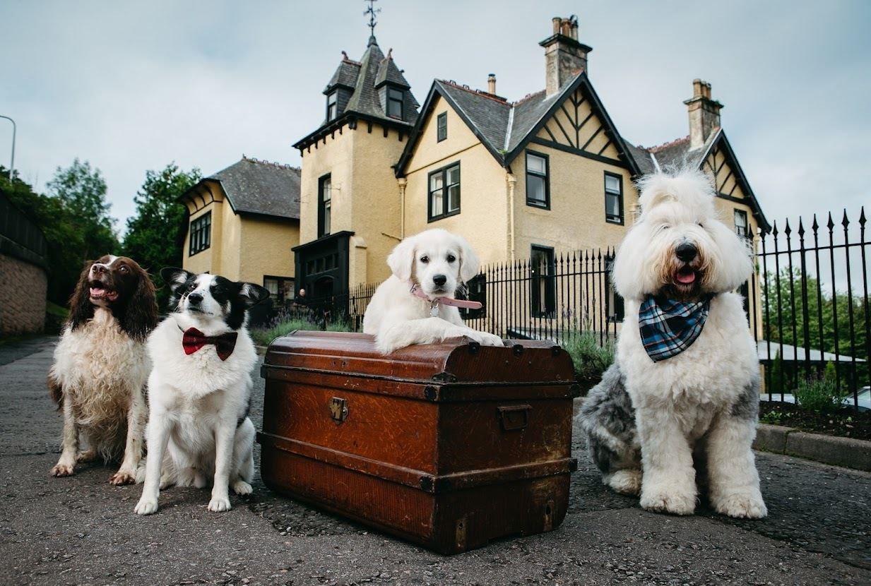 Bonnie, Paddy, Honey and Alfie outside The Craigellachie Hotel.