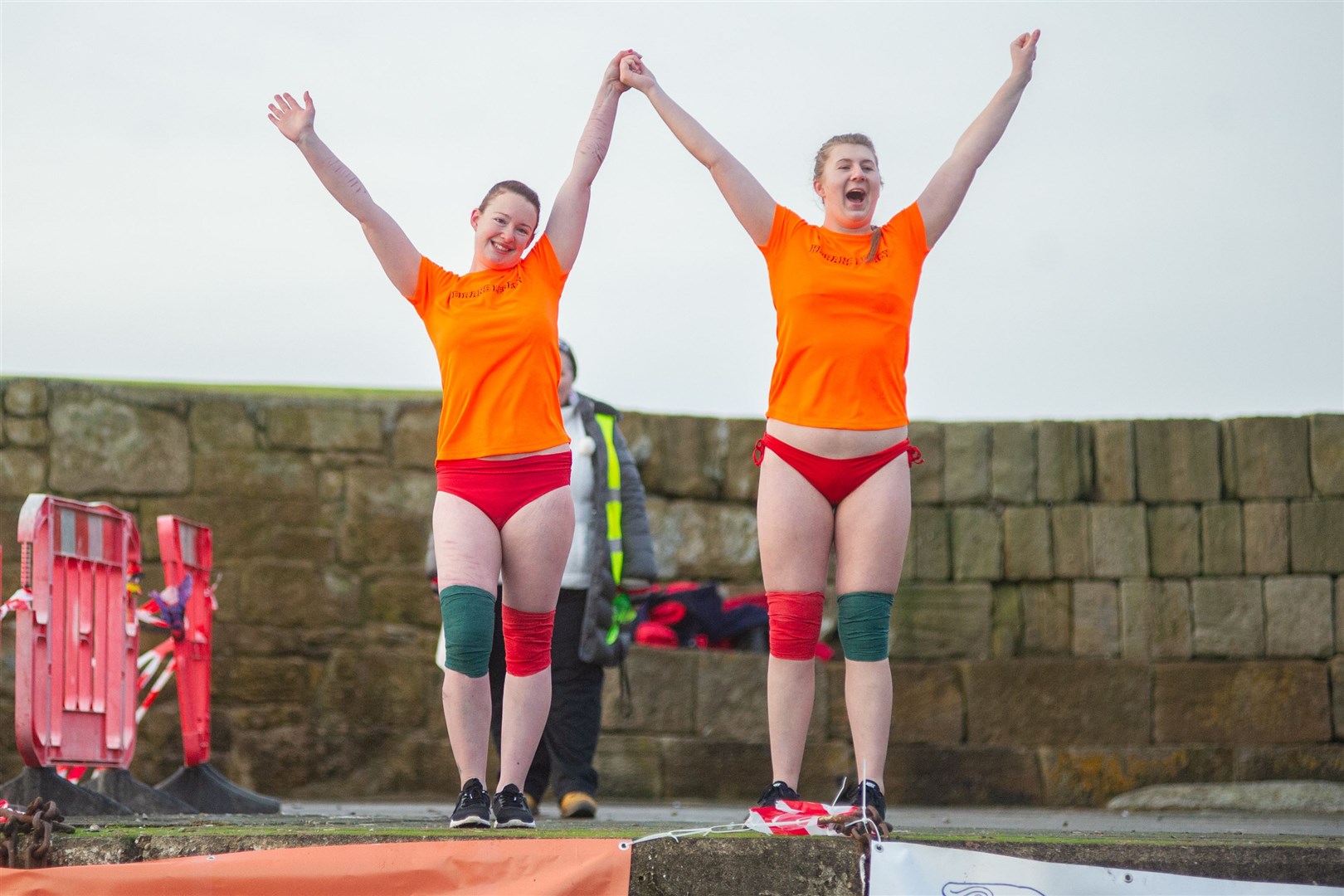 Final jumpers of the 2019 Burghead Boxing Day Swim Harriet Hynam and Bethany Welsh.