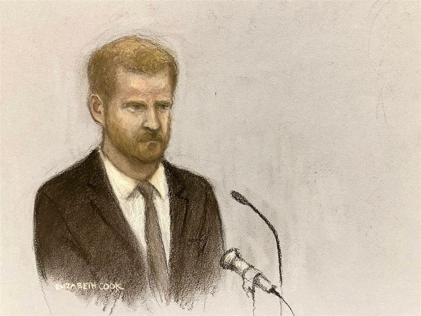 Court artist sketch by Elizabeth Cook of the Duke of Sussex giving evidence at the Rolls Buildings in central London (Elizabeth Cook/PA)