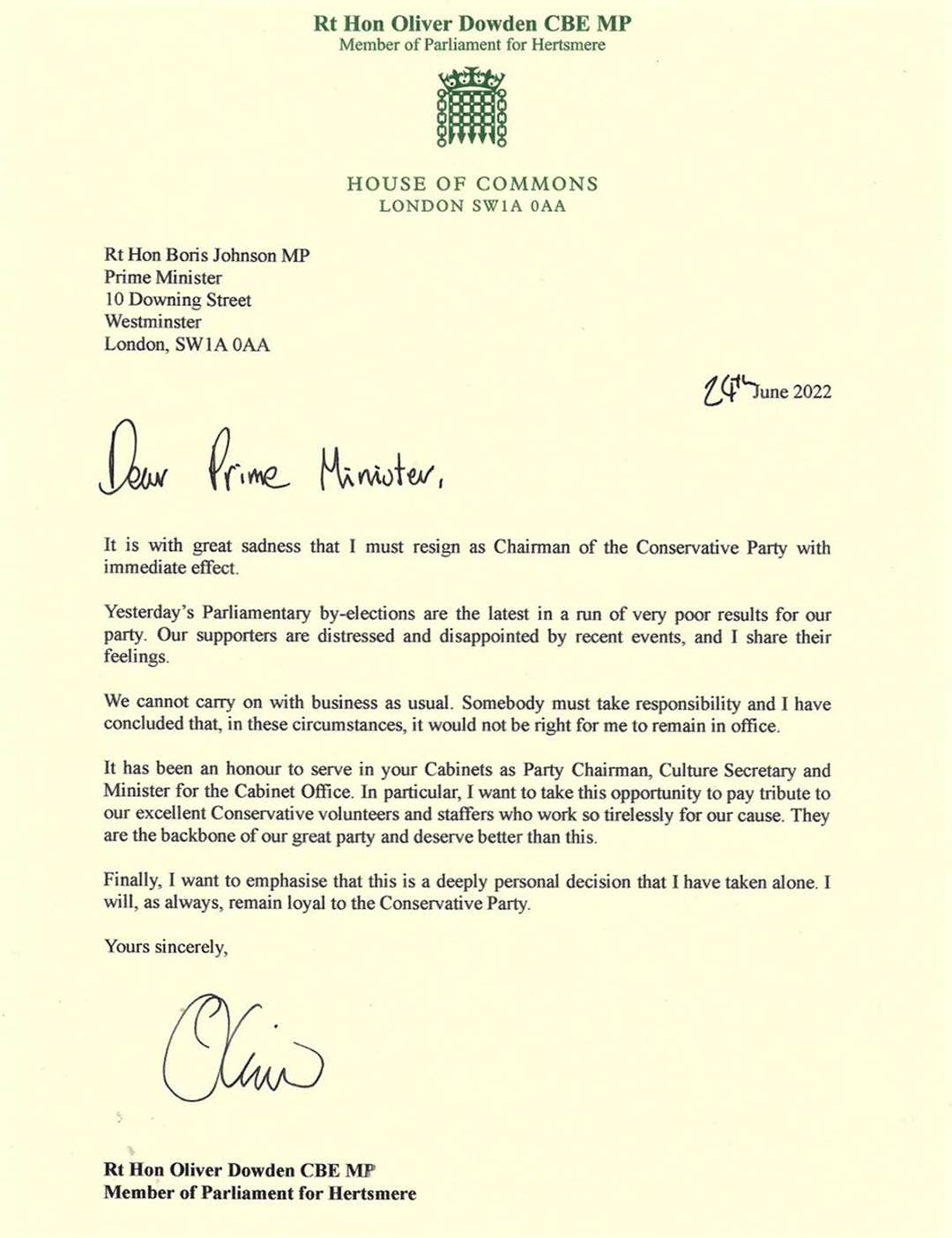 The letter sent by Oliver Dowden to Boris Johnson (Oliver Dowden/PA)