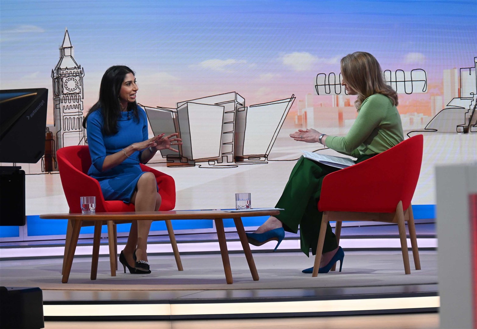Home Secretary Suella Braverman interviewed by Laura Kuenssberg on the BBC (Jeff Overs/BBC/PA)