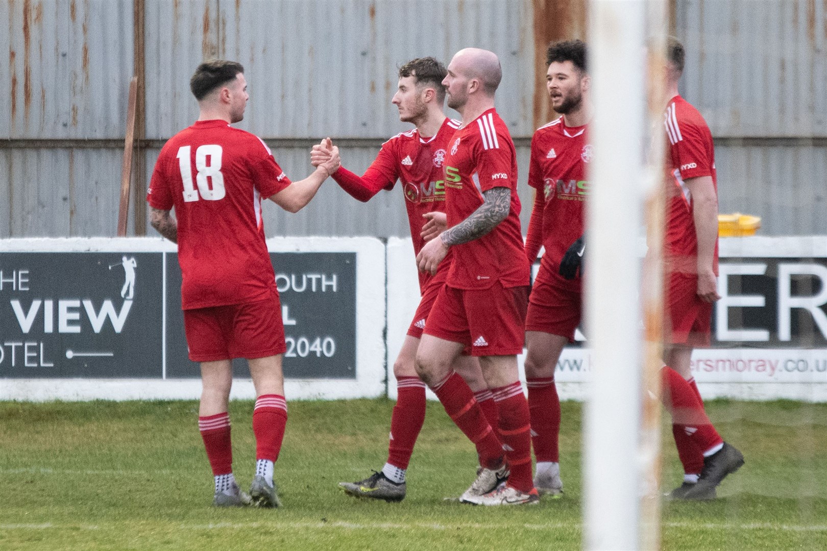 Lossie's Ross Morrison with team mates after scoring. ..Lossiemouth FC (2) vs Strathspey Thistle (1) - Highland Football League 23/24 - Grant Park, Lossie 10/02/2024...Picture: Daniel Forsyth..