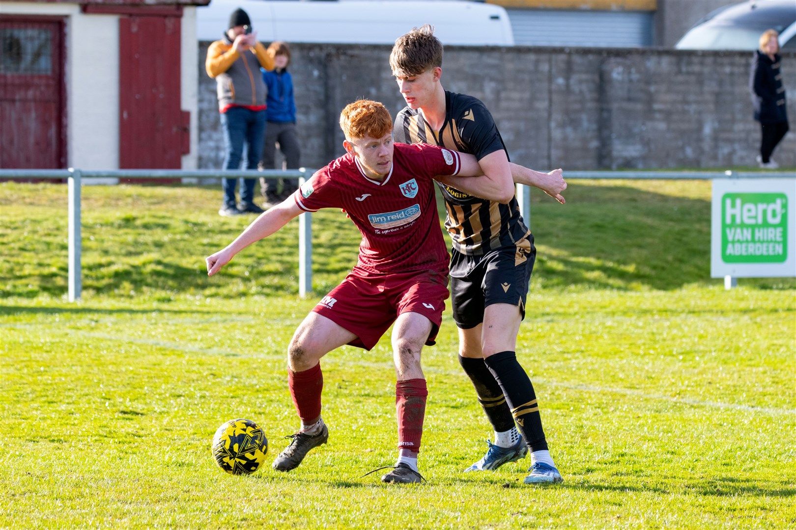 Keith's Matthew Tough blocks Huntly's Blair McKenzie from the ball. Keith F.C (1) v Huntly F.C (0) at Kynoch Park, Keith. Highland Football League.Picture: Beth Taylor