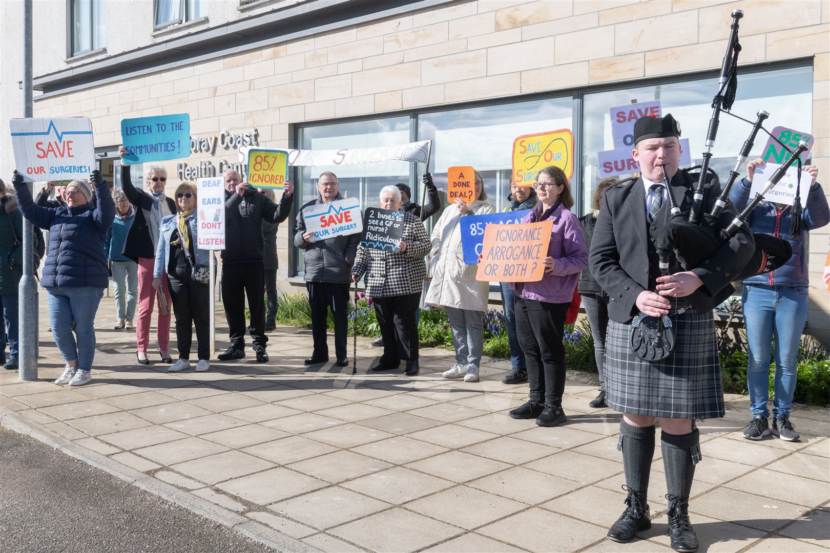 Campaigners protested outside the Moray Coast Health Centre in Lossiemouth to save the Hopeman and Burghead GP surgeries. Picture: Beth Taylor