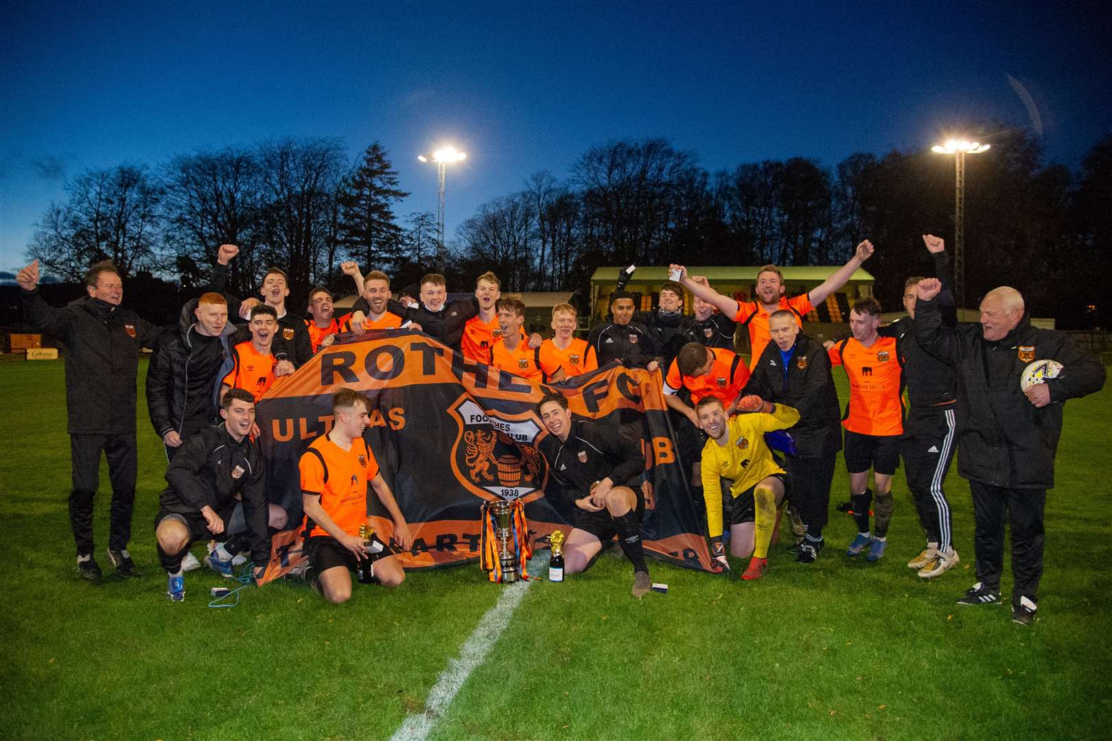 The Speysiders celebrate their cup triumph...Rothes FC (2) vs Buckie Thistle FC (1) - Highland League Cup Final - Christie Park, Huntly 31/10/2020...Picture: Daniel Forsyth..