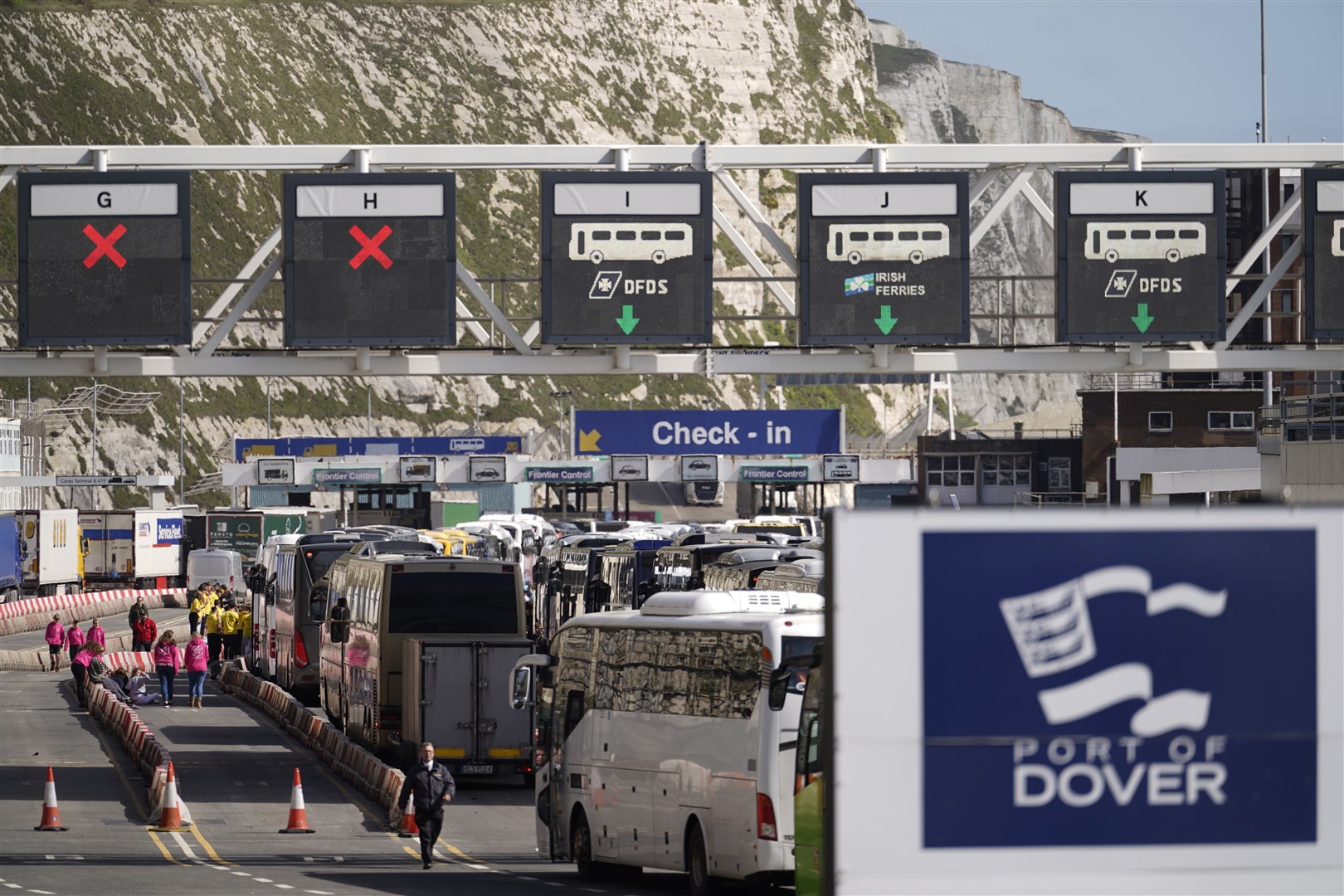 Coaches wait to enter the Port of Dover in Kent after extra sailings were run overnight (Andrew Matthews/PA)