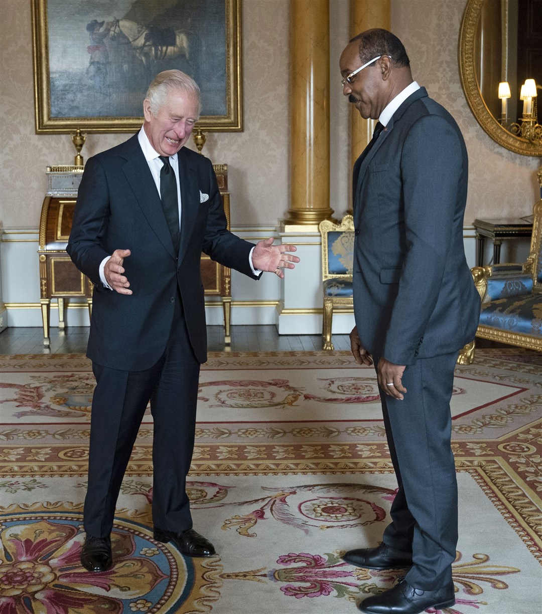 The King with the prime minister of Antigua and Barbuda Gaston Browne (Kirsty O’Connor/PA)