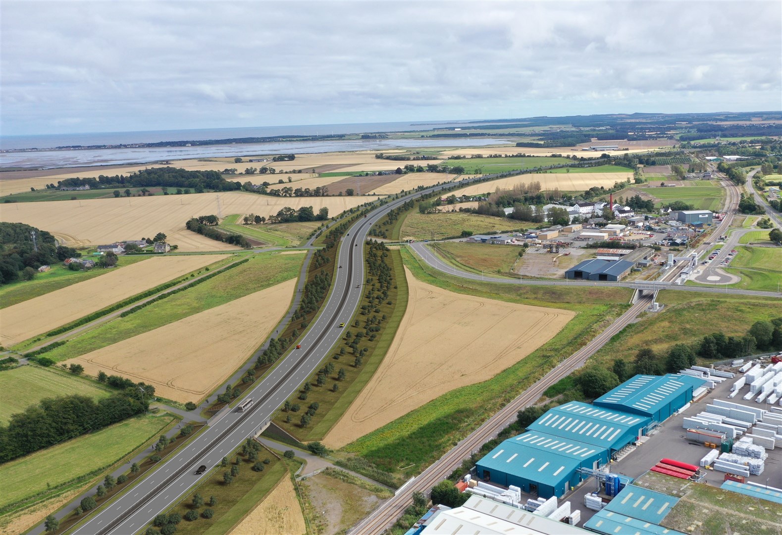 An aerial view of proposed A96 dual carriageway at Forres looking north-east.