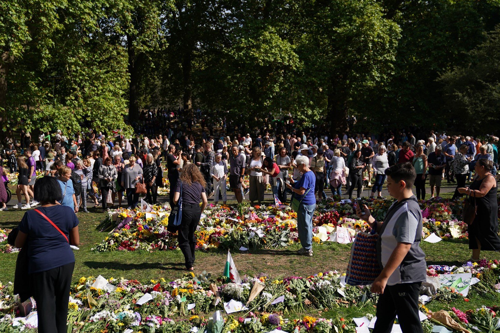 Members of the public view floral tributes in Green Park, near Buckingham Palace. (Joe Giddens/PA)