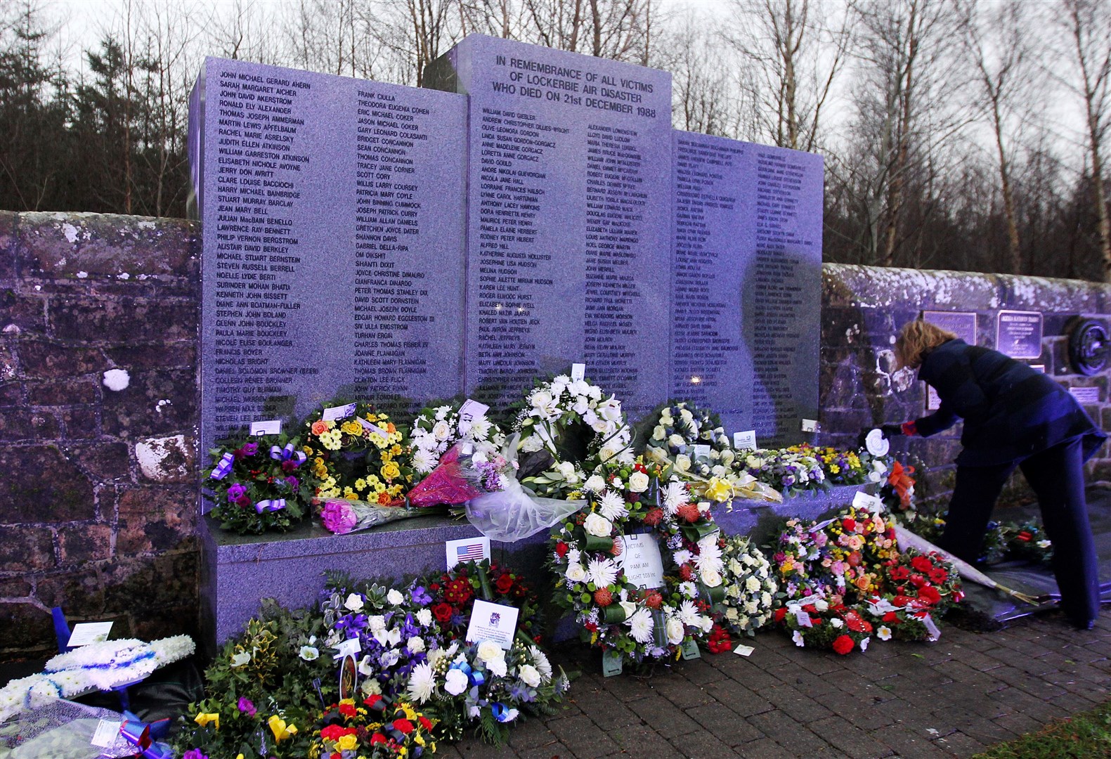 The names of the victims are etched on the wall of remembrance in Dryfesdale cemetery (PA)