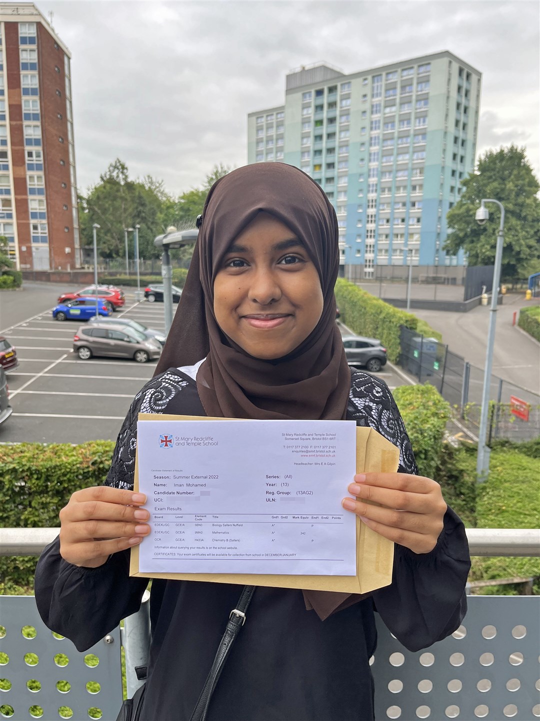 Iman Mohamed, 18, from Fishponds, Bristol, was another happy student at the school after also getting A* results (Rod Minchin/PA)