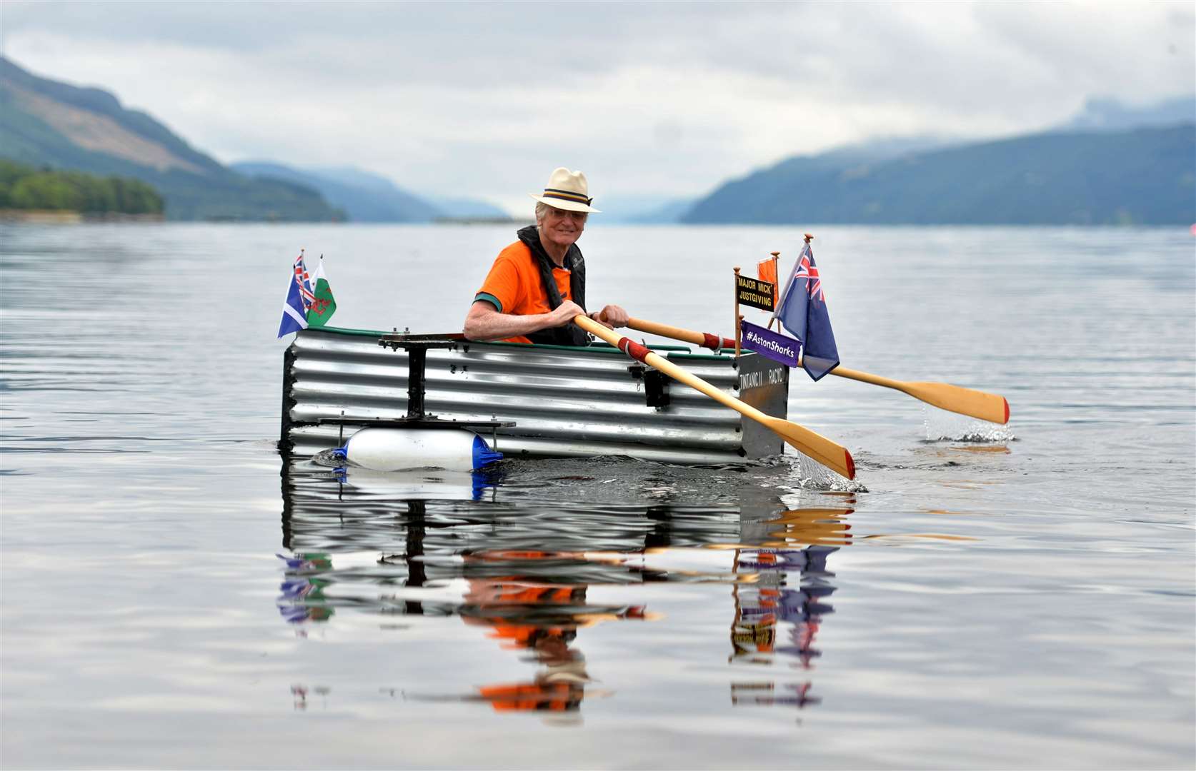Major Mick in 'Tintanic II' at Dores, Loch Ness, in his fundraising journey to boost Alzheimer's Research UK. Picture: Callum Mackay.