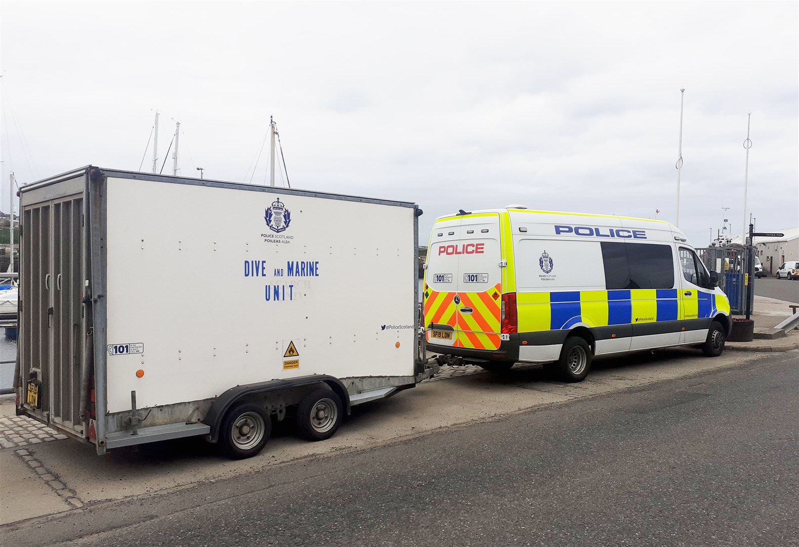 Police Scotland's Dive and Marine Unit trailer at Wick harbour this morning.