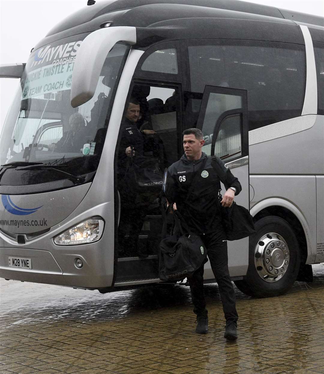 Buckie Thistle manager Graeme Stewart comes off the team bus. Picture: Daniel Forsyth