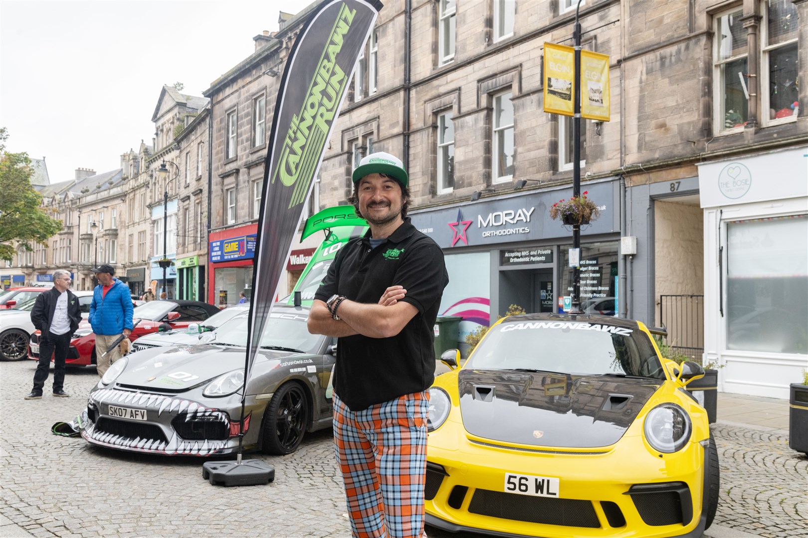 Organiser Kris O'Neill with his Porsche GT4...Cannonbawz Rally at Elgin High Street 2023...Picture: Beth Taylor.