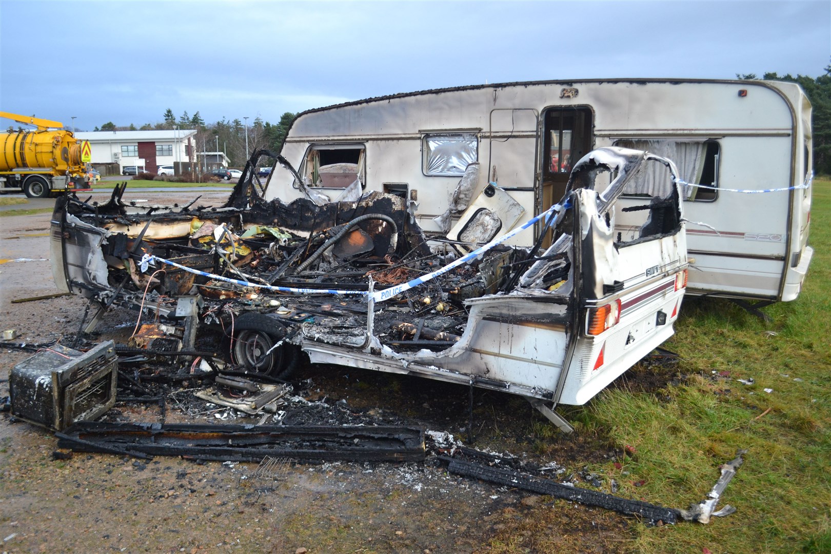 One of the caravans has been completely destroyed by the blaze. Picture: Tyler McNeill