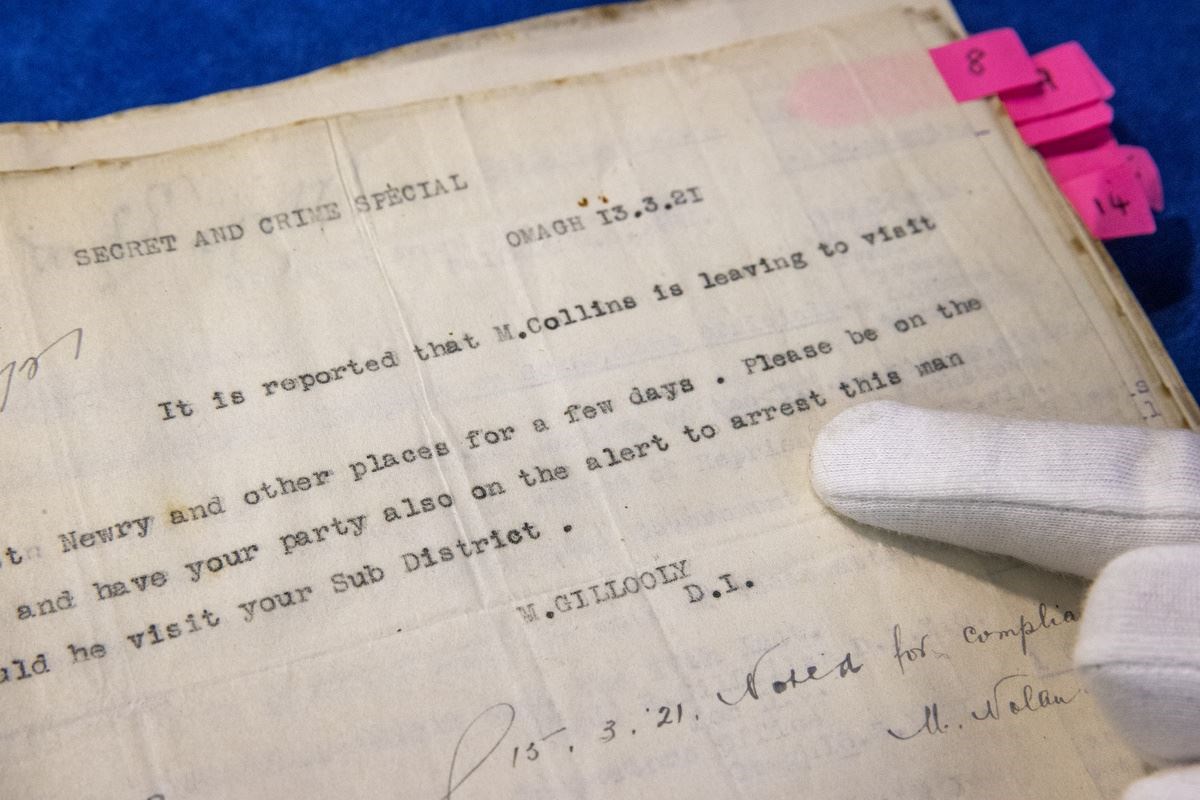 Royal Irish Constabulary documents detailing the movements of Michael Collins in 1921 (Liam McBurney/PA)