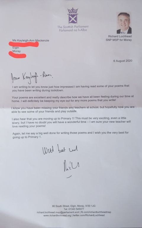 Richard Lochhead wrote a letter to Kayleigh-Ann to say well done on her poem writing.