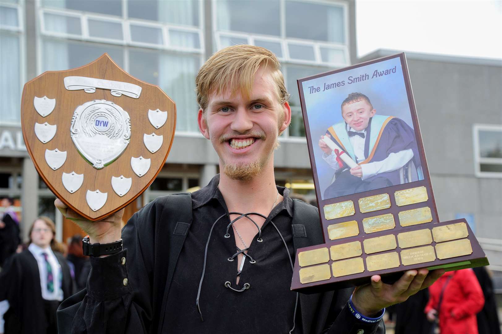 Robbie Mungersford with his awards – the Developing the Young Workforce Award and the James Smith Award. Picture: Eric Cormack.