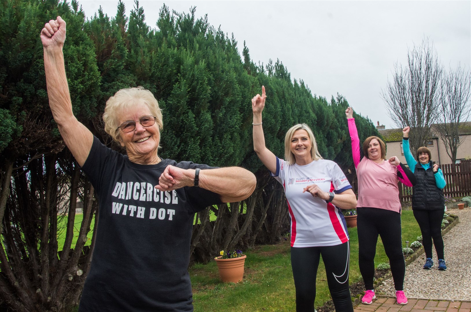Dot Bremner (Left) from Dancercise with Dot along with Ann Hay (third left and Phyllis Campbell (right) are raising money for North East Sensory Services by dancing everyday in November. ..Today they were joined by Community Fundraiser Co-ordinator Lynn Batham from NESS. (second left)...Picture: Becky Saunderson..
