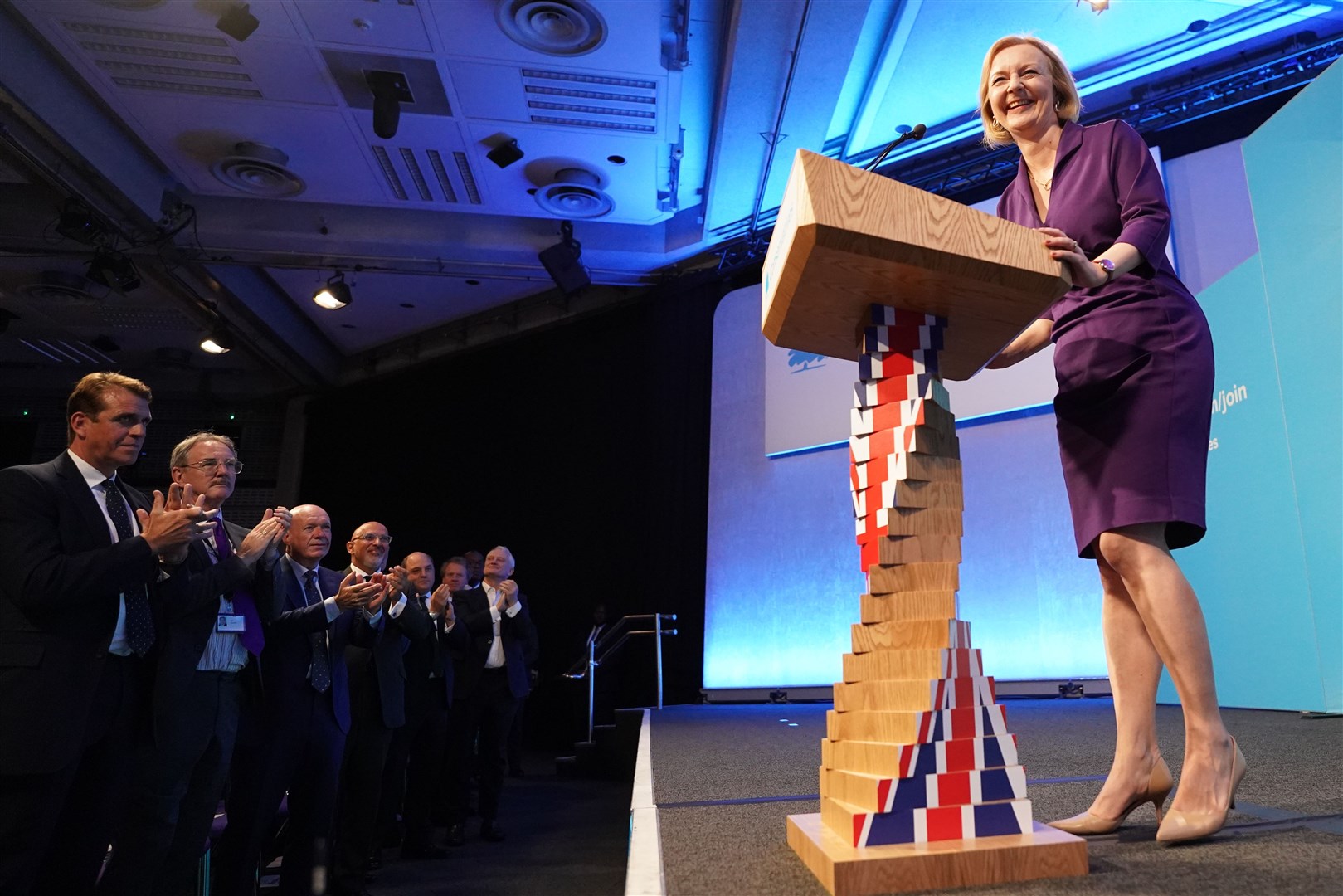 Liz Truss speaks at the Queen Elizabeth II Centre, London, after being announced as the new Conservative Party leader and next prime minister (Stefan Rousseau/PA)