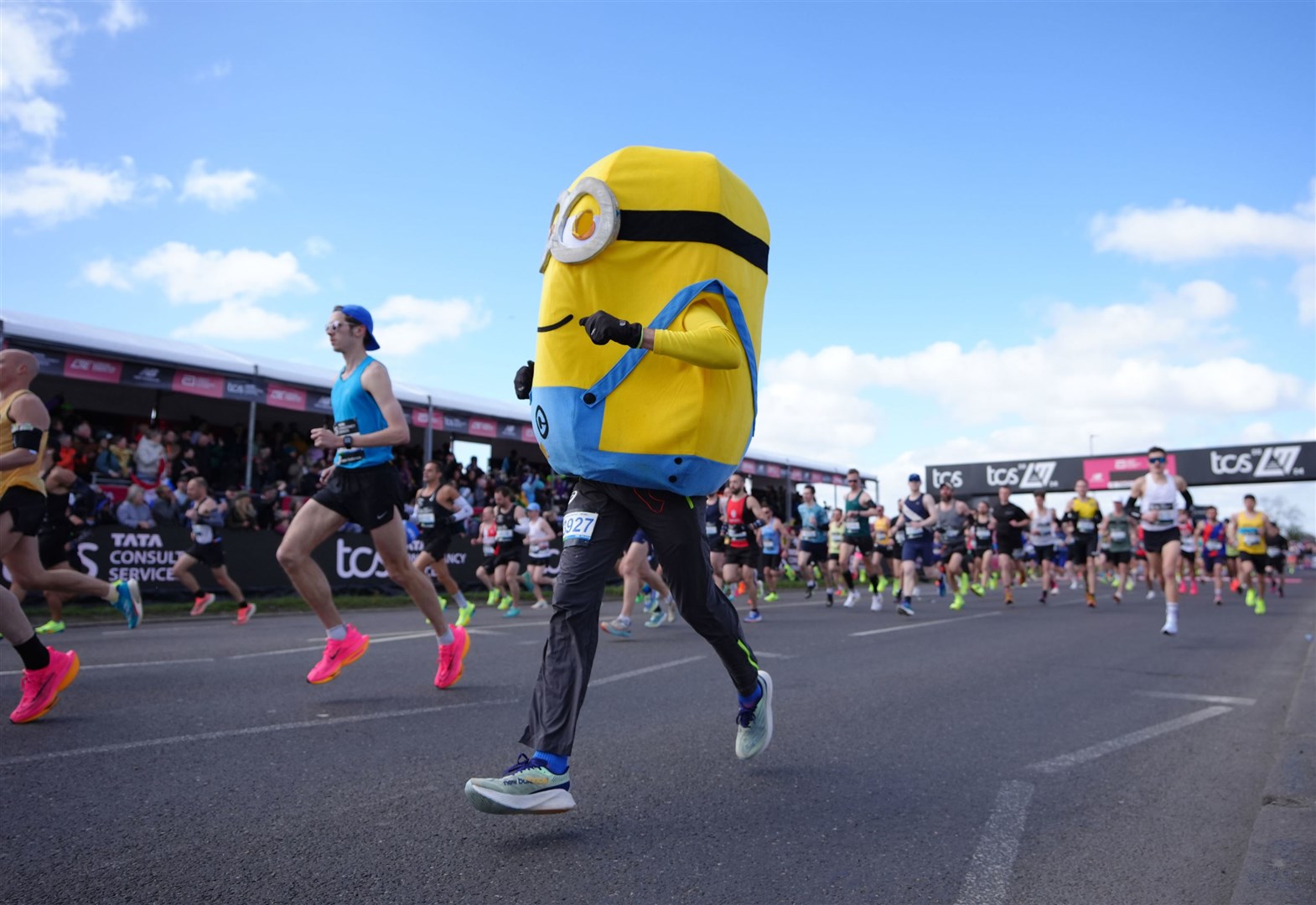 A competitor dressed as a Minion at the start of the London Marathon (Zac Goodwin/PA)