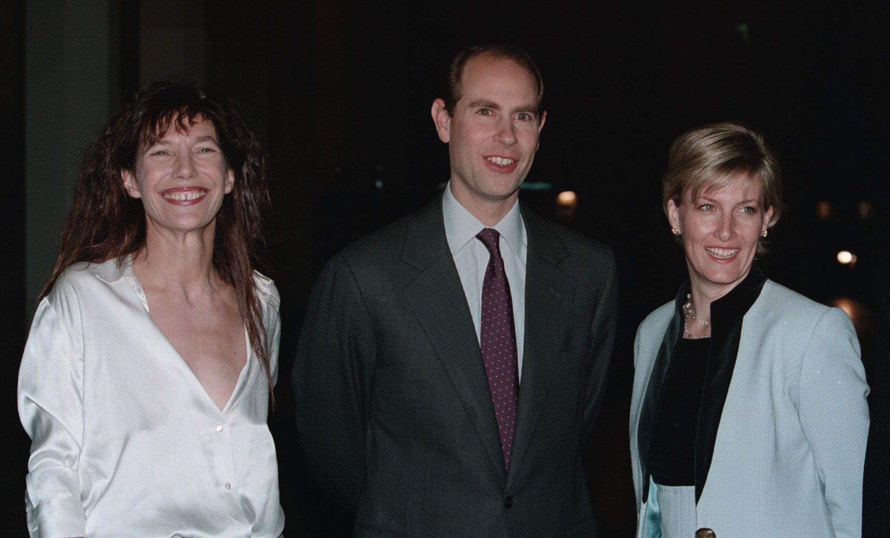 Jane Birkin with Edward, then Earl of Wessex, and Sophie, then Countess of Wessex, at a gala dinner during the British Film Festival in Dinard, France, in 1999(Matthew Fearn/PA)