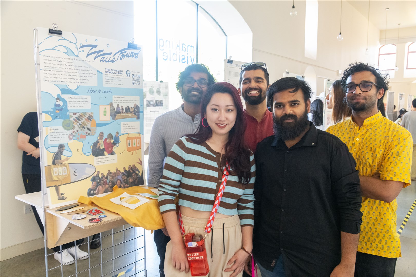 (From left) Suraj Suresh, Yaxuan Li, Varanneya Thakore, Shashank Gedala and Aryaman Jacob with their project, Wave Forward, at the Glasgow School of Art exhibition held at Blairs Farm Steading. Picture: Beth Taylor