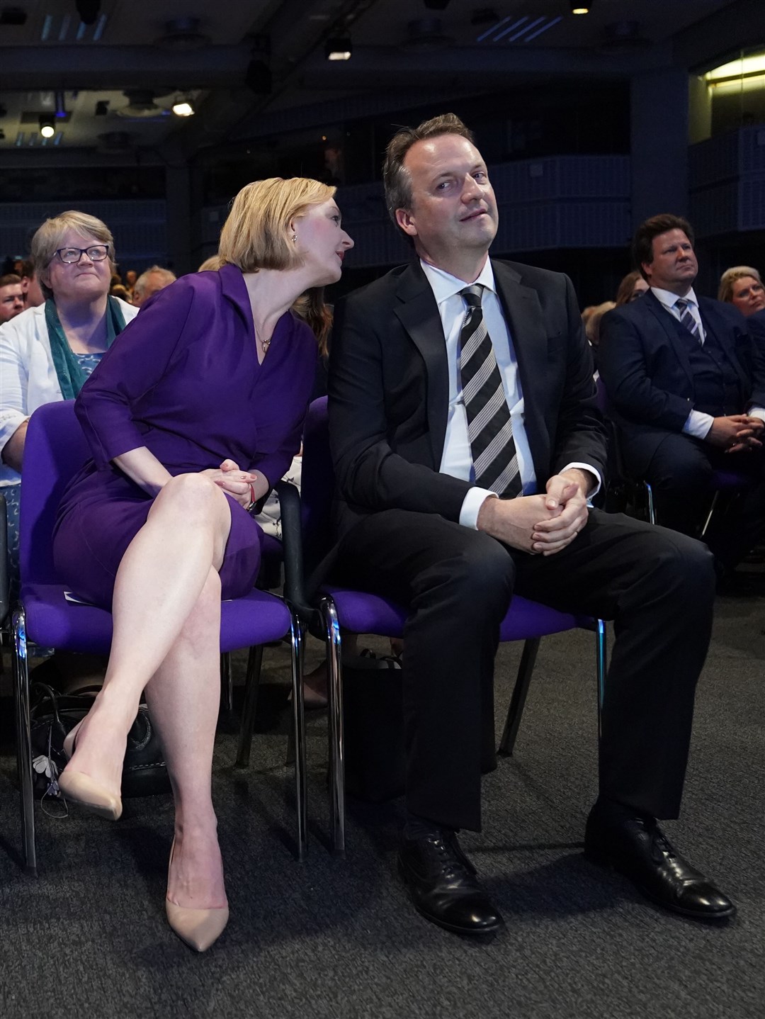 Liz Truss and her husband Hugh O’Leary at the Queen Elizabeth II Centre (Stefan Rousseau/PA)