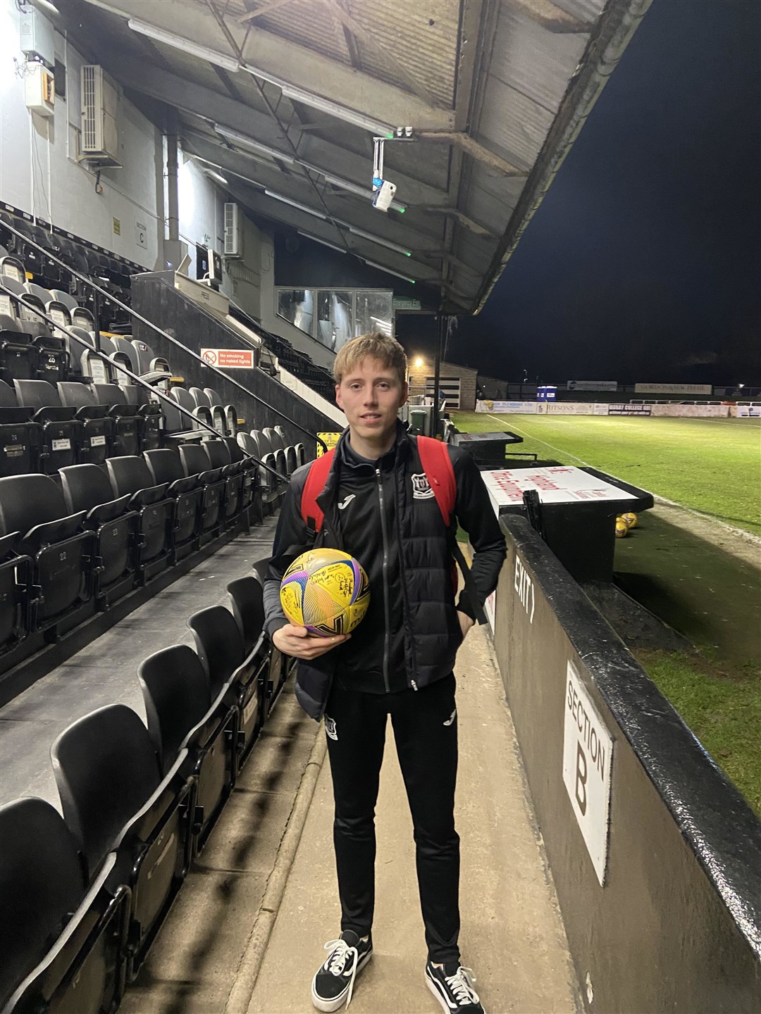 Hat-trick hero Kane Hester with the match ball.