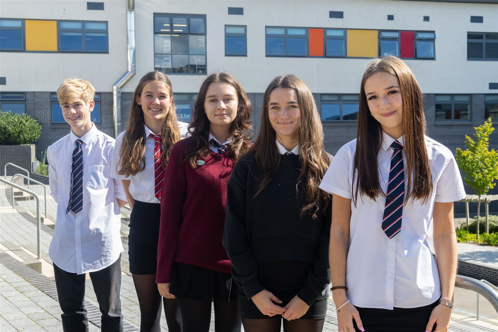 From left: Elgin Academy pupils Andrew Seton, Kate McLuckie, Ena Saracevic, Keira Smith and Anna Malecka received their exam results. ..Picture: Beth Taylor.