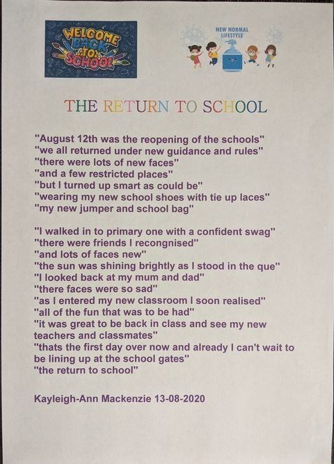 Kayleigh-Ann's poem, written about going back to school.