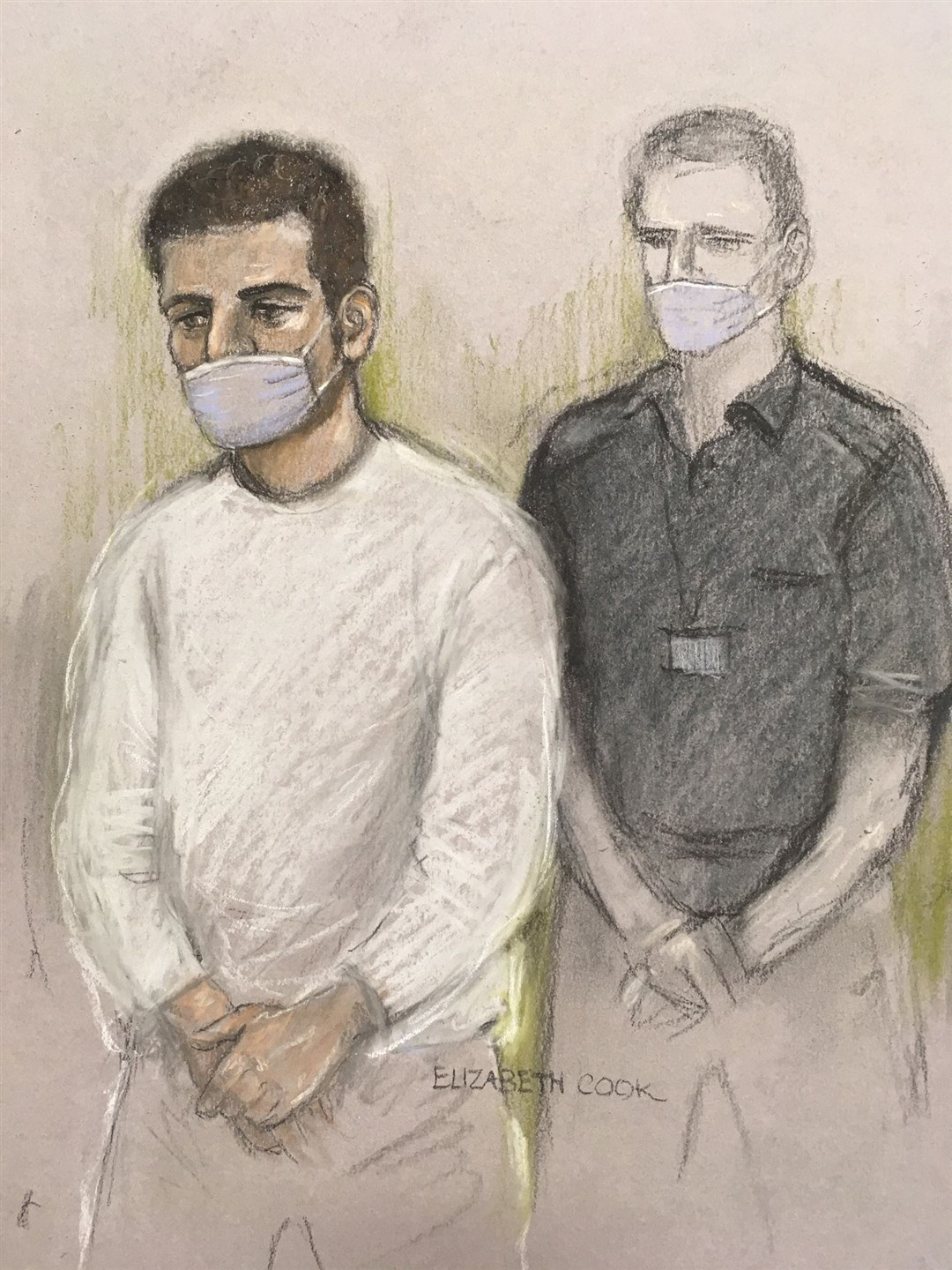 Court artist sketch of Khairi Saadallah appearing via video-link at Westminster Magistrates’ Court (Elizabeth Cook/PA)