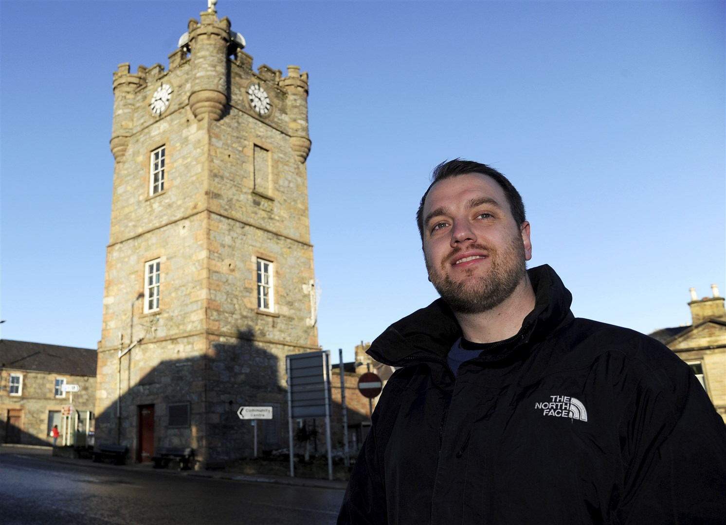 Picture: Eric Cormack. . Fraser McGill at the dufftown clock tower.