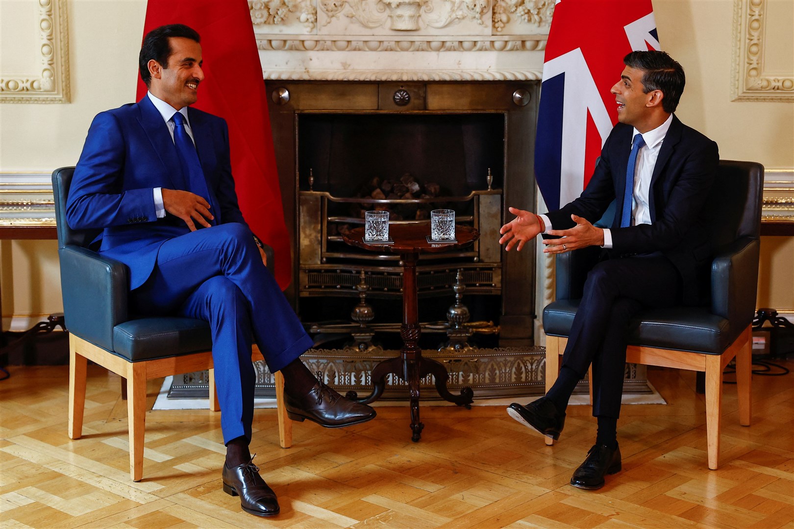 Prime Minister Rishi Sunak, right, meets the Emir of Qatar, Sheikh Tamim bin Hamad Al Thani at 10 Downing Street (Peter Nicholls/PA)