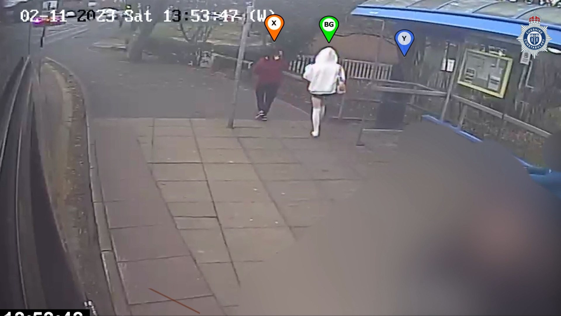 CCTV issued by Cheshire Constabulary of Scarlett Jenkinson (marked X) and Eddie Ratcliffe (marked as Y) meeting Brianna Ghey (marked as BG) at a bus stop on the day of her murder (Cheshire Constabulary/PA)