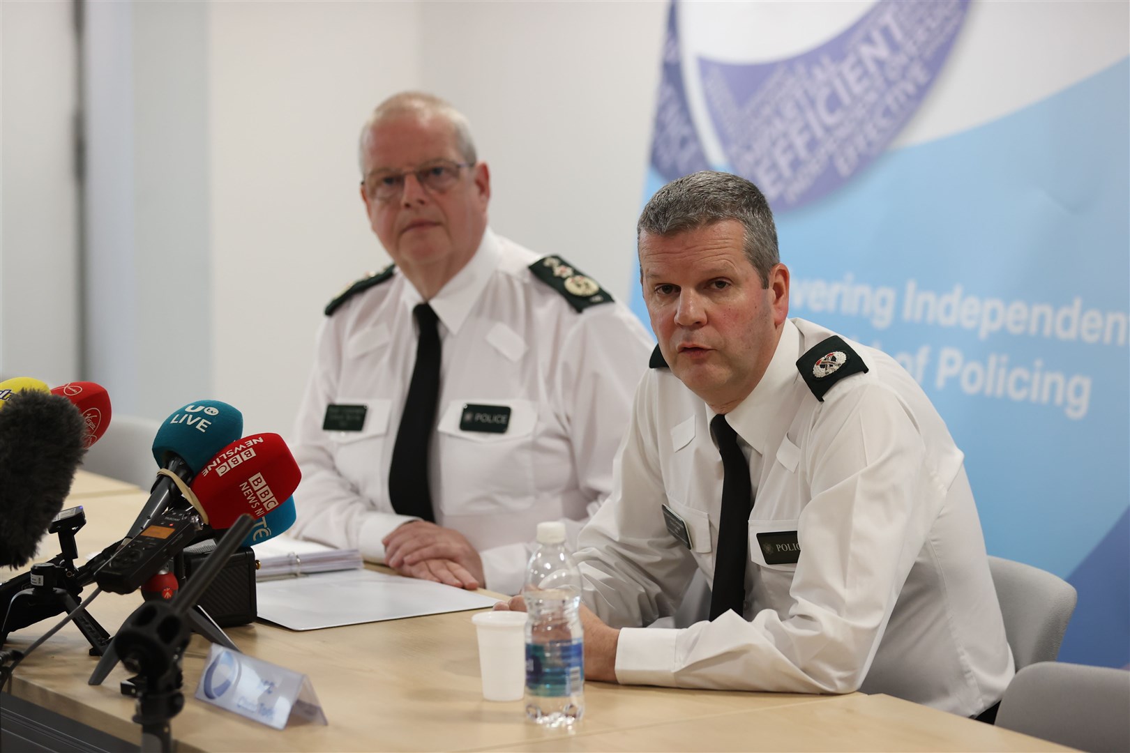 Police Service of Northern Ireland (PSNI) Chief Constable Simon Byrne (left) and Assistant Chief Constable Chris Todd during a press conference after an emergency meeting of the Northern Ireland Policing Board (Liam McBurney/PA)