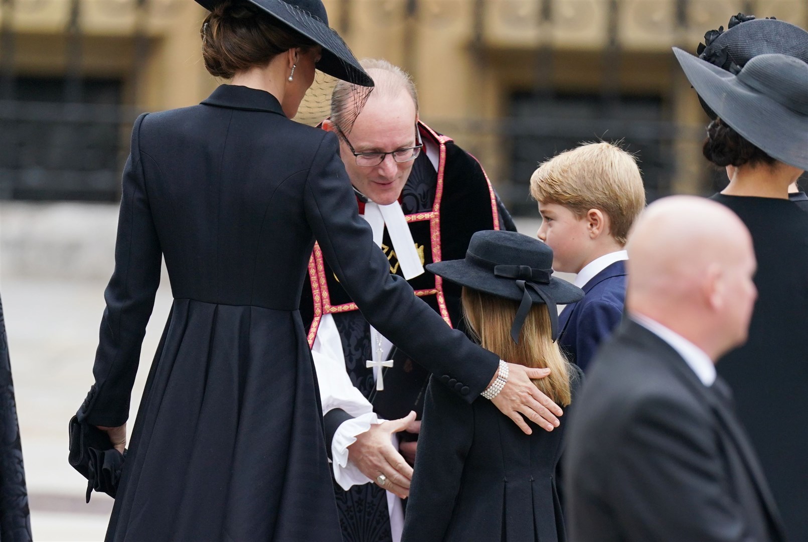 The Princess of Wales, Prince George and Princess Charlotte arrive for the Queen’s state funeral (Andrew Milligan/PA)