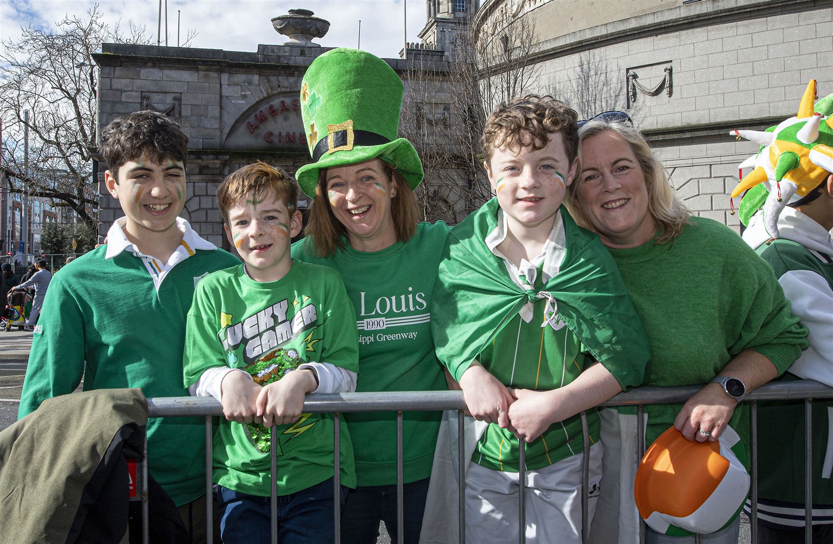 German Anaya, Michael Gilmore, Ann Gilmore, Jimmy Conroy and Aisling Conroy at the St Patrick’s Day Parade in Dublin (Michael Chester/PA)