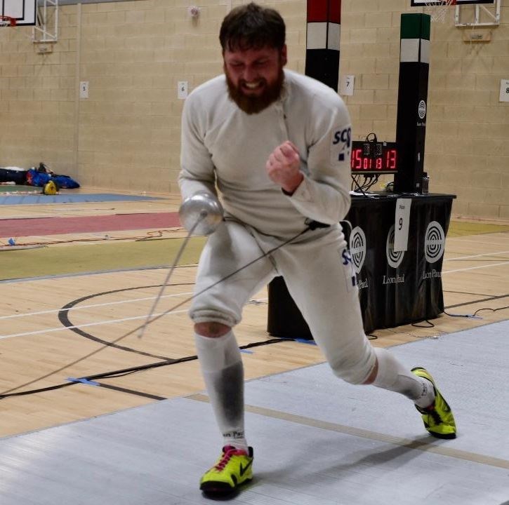 Callum Sutherland is delighted after winning the final of the Men's Epee.