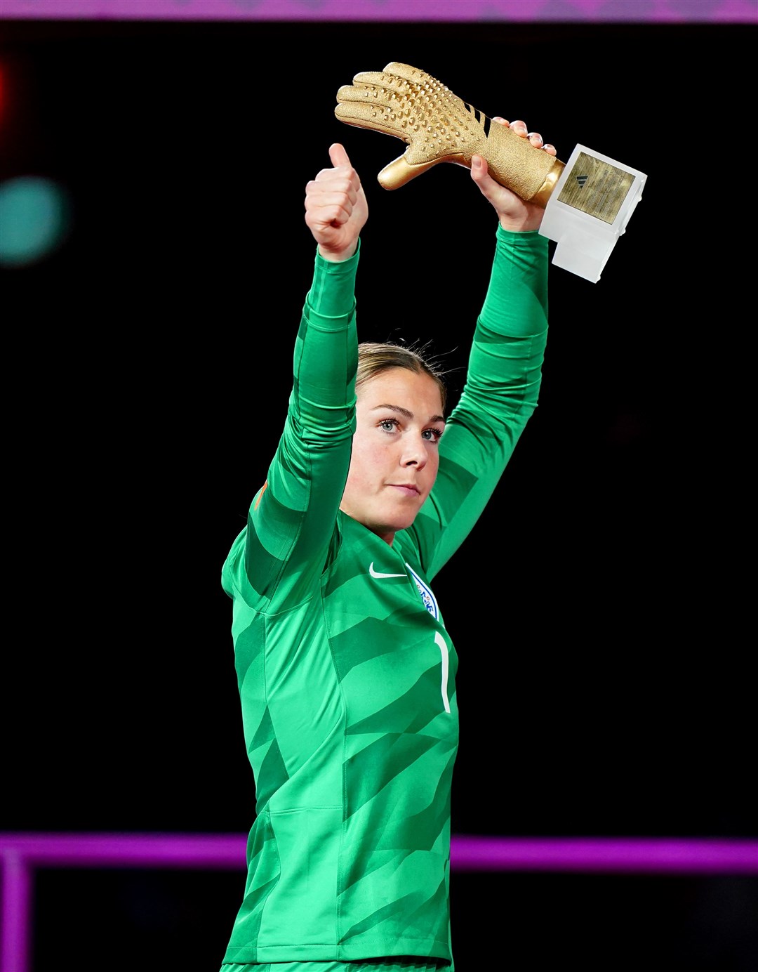 England goalkeeper Mary Earps gestures to the fans after collecting her Golden Glove award at the end of the FIFA Women’s World Cup (Zac Goodwin/PA)