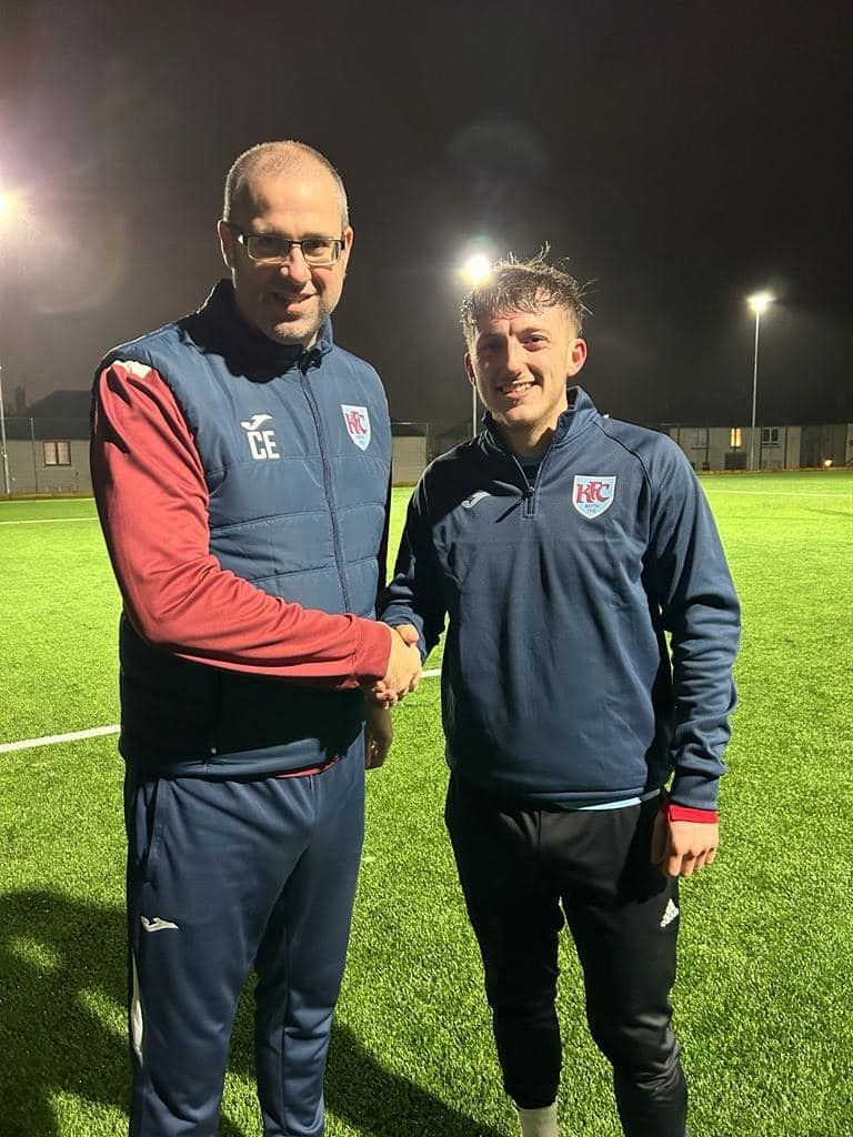 Keith manager Craig Ewen welcomes new loan signing Jake Stewart to the club. Picture: Keith FC Facebook