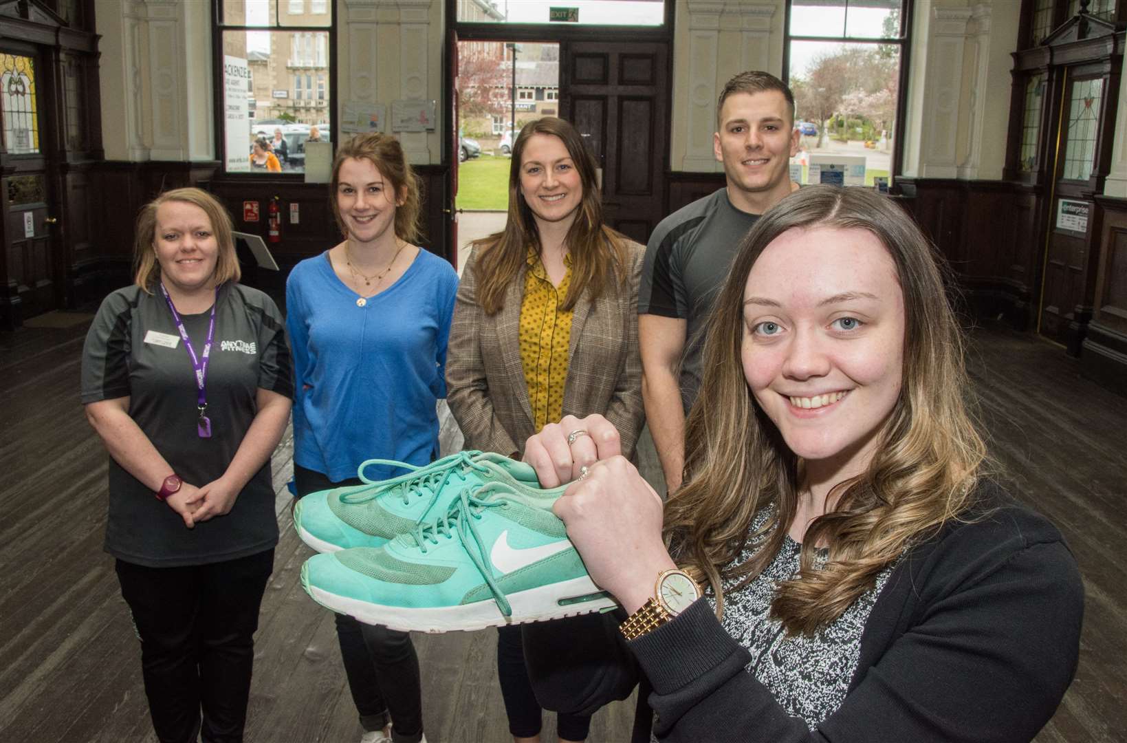 Stepping out to launch Moray Chamber's Active April programme are (from left) Laura MacPherson, Maelle Le Ravallec, Sarah Medcraf, Adam Betteridge and Aimee Stephen. Picture: Becky Saunderson. Image No.043574.