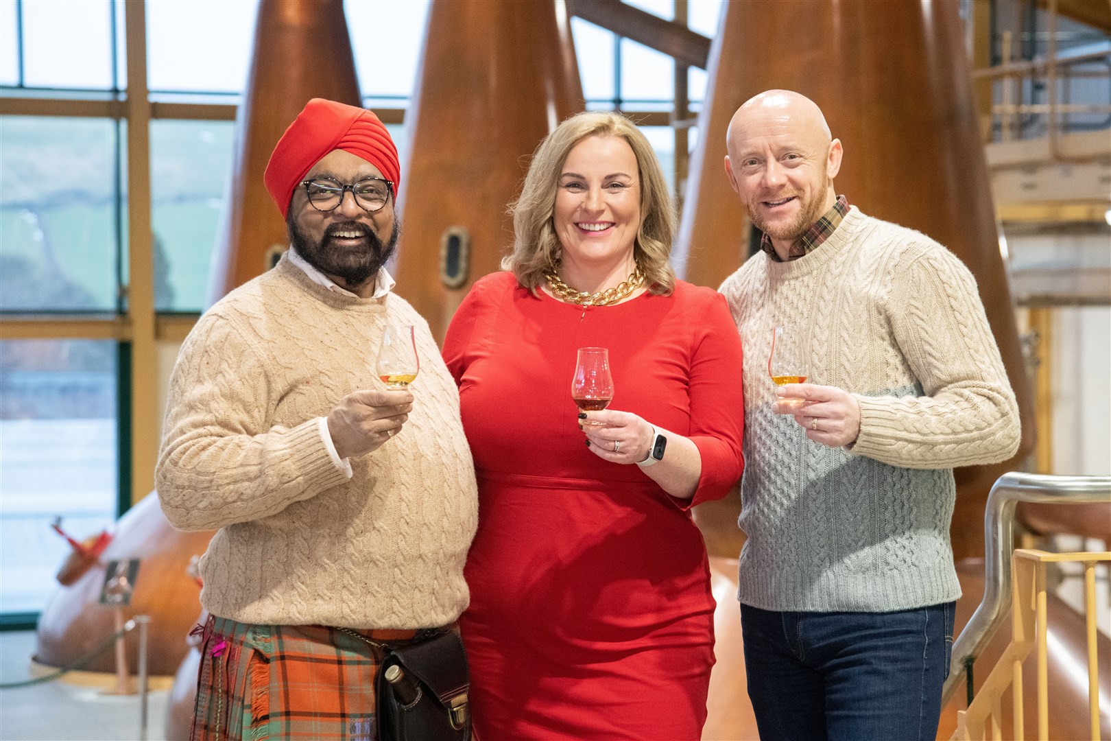 Chef Tony Singh with Festival vice chair Sarah Burgess and chair George McNeil at the launch of Spirit of Speyside Whisky Festival 2024 at the Glenlivet Distillery. Picture: Daniel Forsyth.