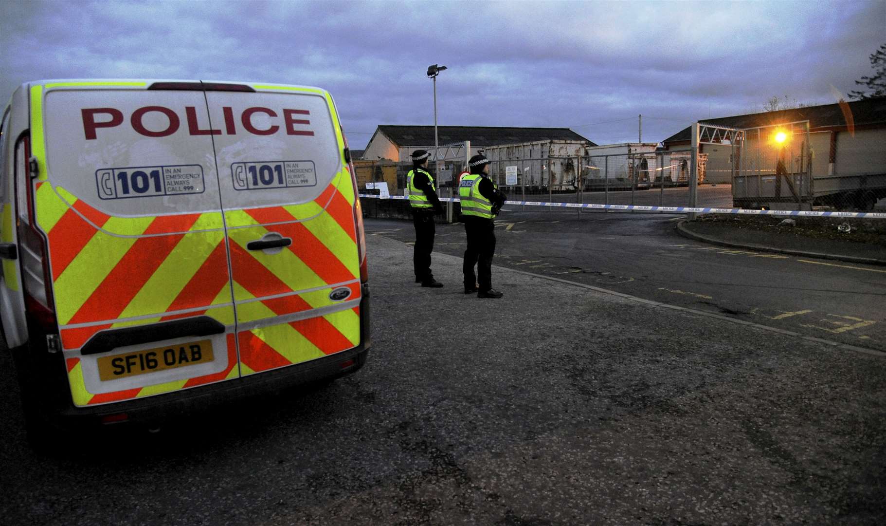 Police cordon off the entrance to the recycling centre at Balloch Road in Keith. Picture: Eric Cormack