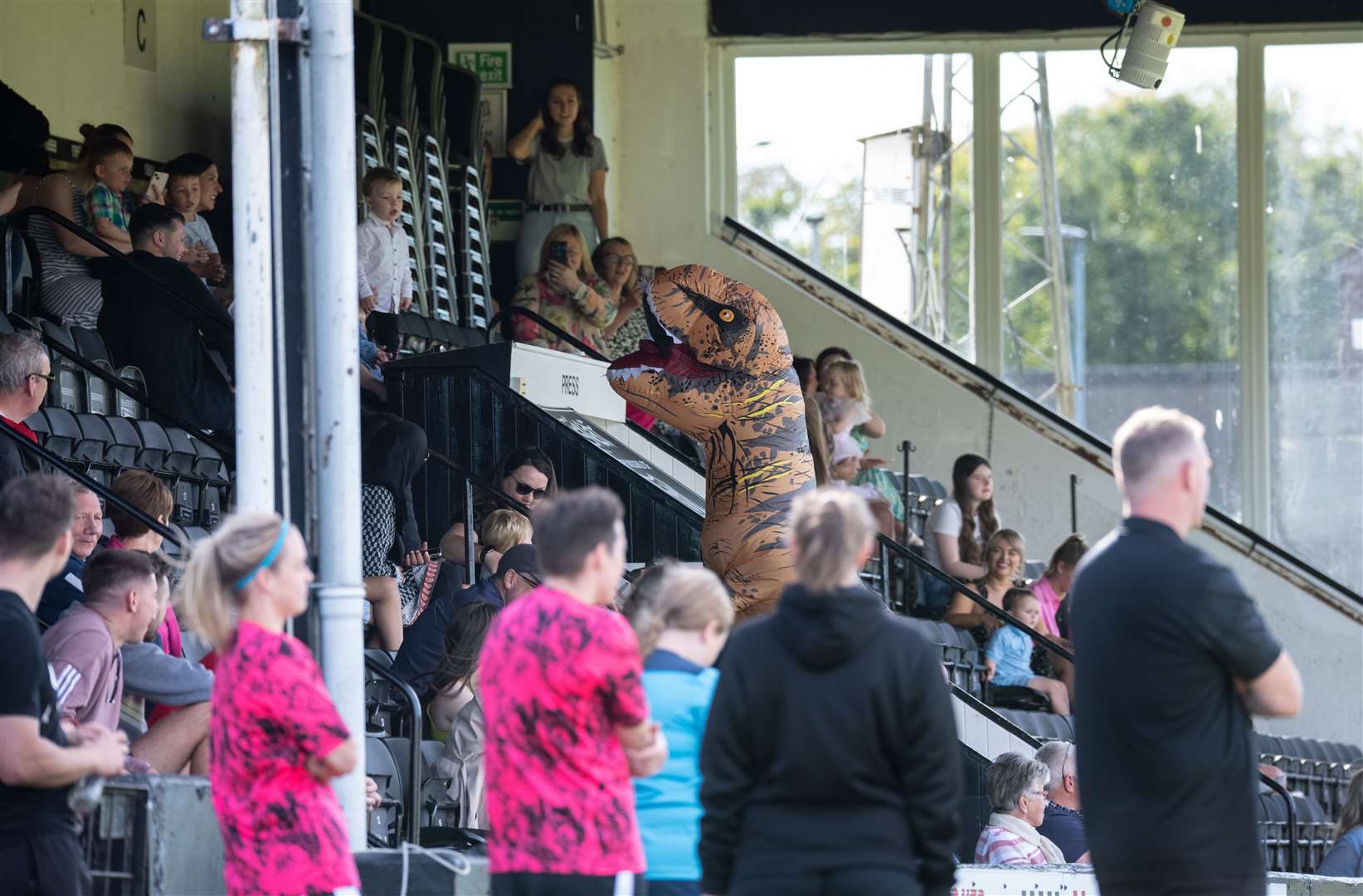 A dinosaur appeared in the stand. ..Elgin City (10) vs Dryburgh Athletic (1) - Scottish Women's Football League North - Borough Briggs, Elgin 03/09/23...Picture: Daniel Forsyth..