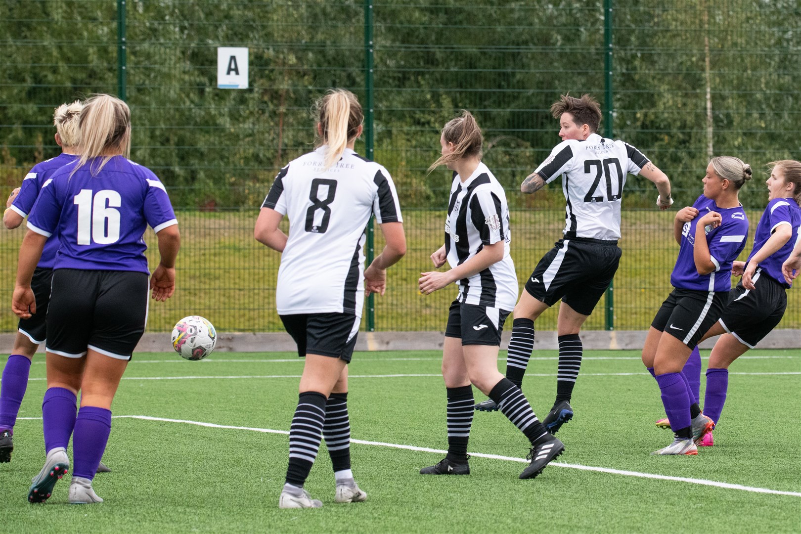 Elgin's Jess Moore scores to make it 4-5 but the City are unable to salvage anything from the match. ..Elgin City (4) vs Buchan LFC (5) - SWFL North 23/24 - Gleaner Arena, Elgin 17/09/2023...Picture: Daniel Forsyth..