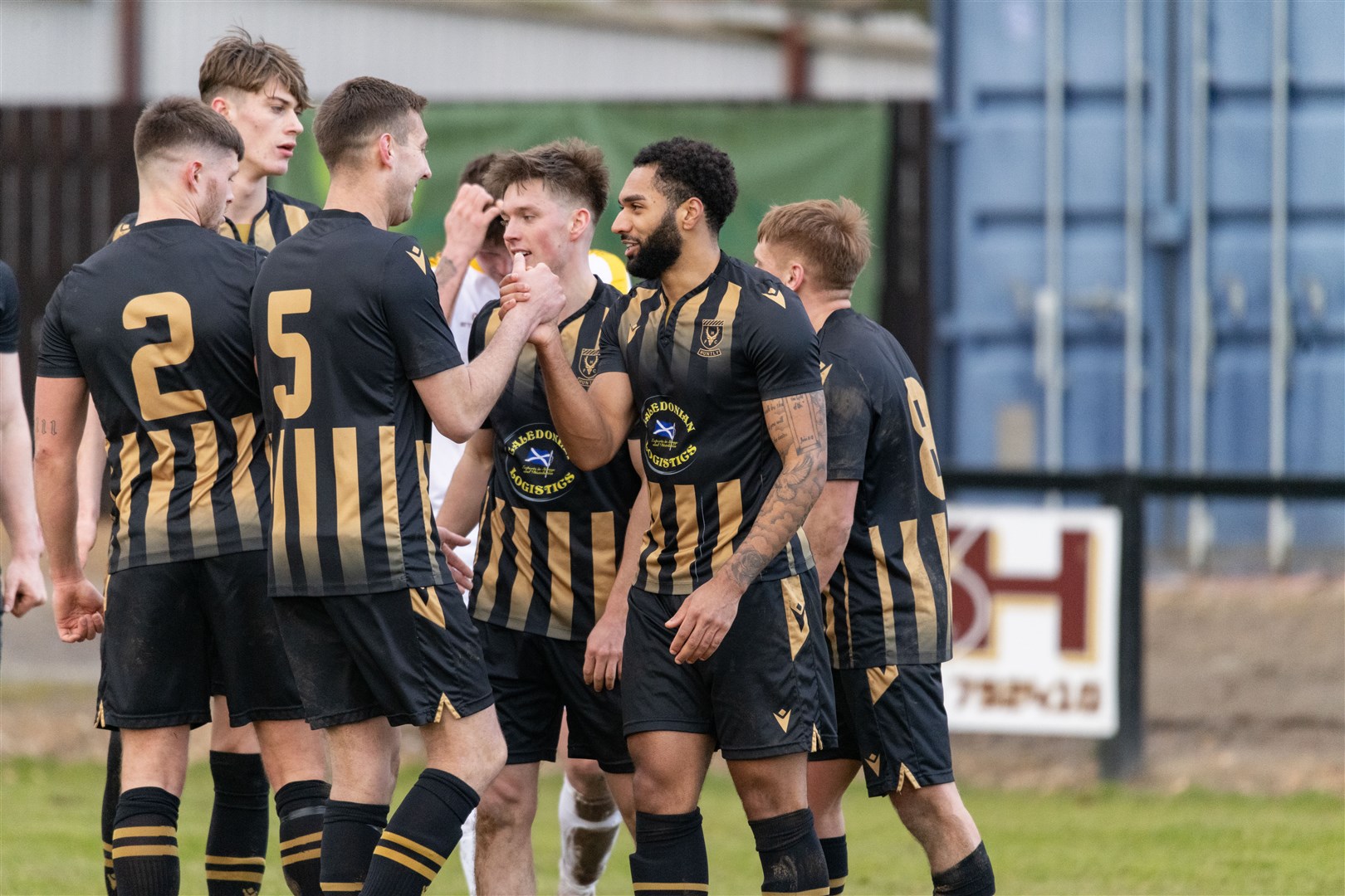 Huntly celebrates Robbie Foster's hat-trick. ..Huntly F.C. (3) v Forres Mechanics F.C. (0) at Christie Park, Huntly - Highland Football League 23/24. ..Picture: Beth Taylor.